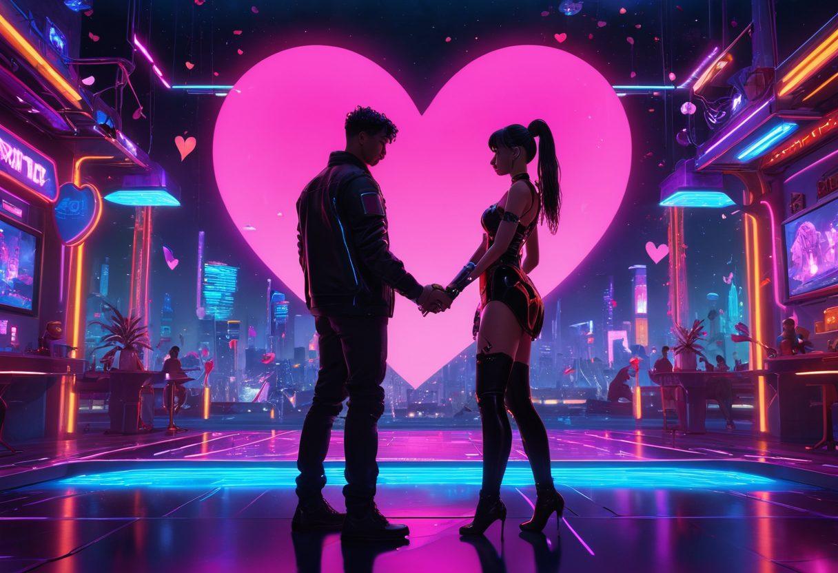 A captivating scene depicting a futuristic virtual world where diverse characters are engaging in romantic activities. Include a couple sharing a dance under glowing neon lights, with pixelated hearts floating around them. Surround them with an enchanting backdrop of digital landscapes filled with vibrant colors and whimsical details. Emphasize the emotions of love and connection in a fantastical setting. 3D, vibrant colors, cyberpunk.