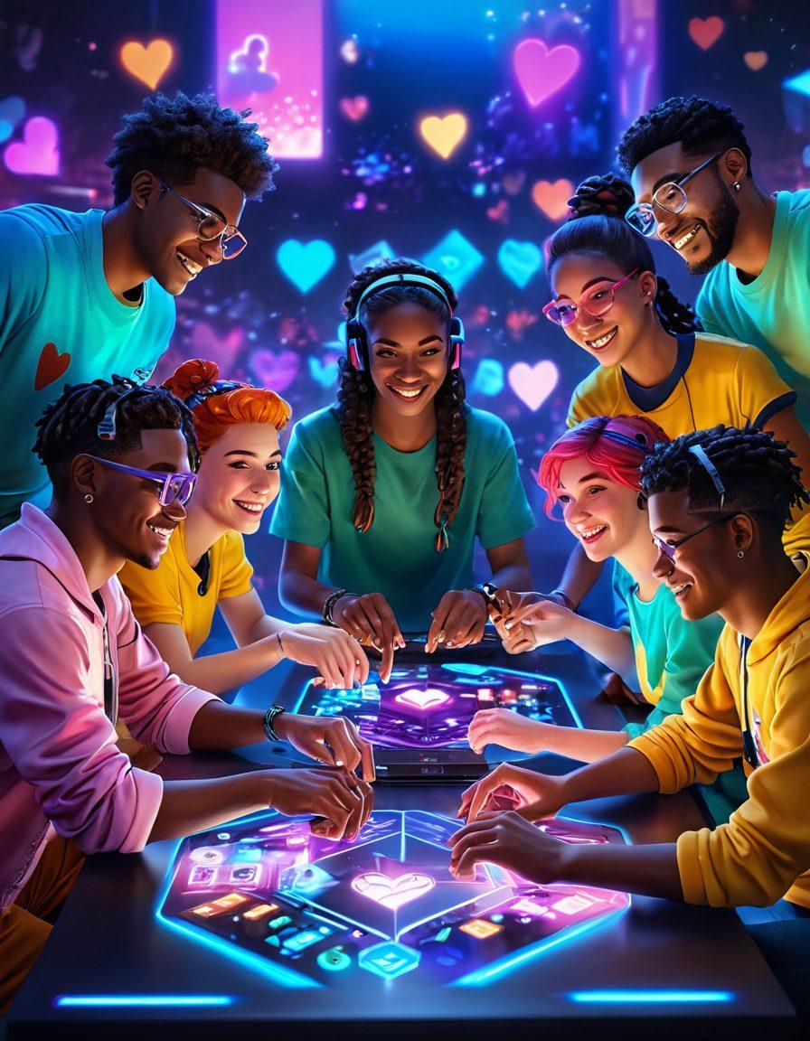 A vibrant, dynamic scene depicting diverse gamers from various cultures connecting through a glowing, holographic gaming interface. Emphasize emotions of joy, teamwork, and friendship, with colorful game avatars representing different genres. Include subtle digital affection symbols like hearts and hands in the background. Atmospheric lighting creates an immersive environment. surreal. vibrant colors. 3D.
