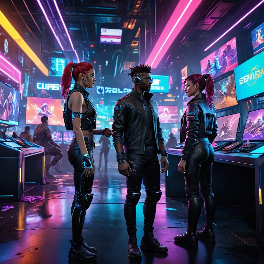 A captivating 3D gaming scene featuring diverse characters interacting in a vibrant virtual environment, showcasing deep friendships and emotional connections. Include elements of futuristic technology, immersive landscapes, and vibrant colors to highlight the theme of virtual relationships. The characters should express joy and camaraderie, immersed in their digital world. cyberpunk. super-realistic. vibrant colors.
